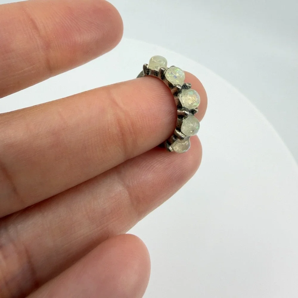 Y2K Silver Tone Opal Stone Iridescent Ring Celestial Boho Statement Gift Unique
